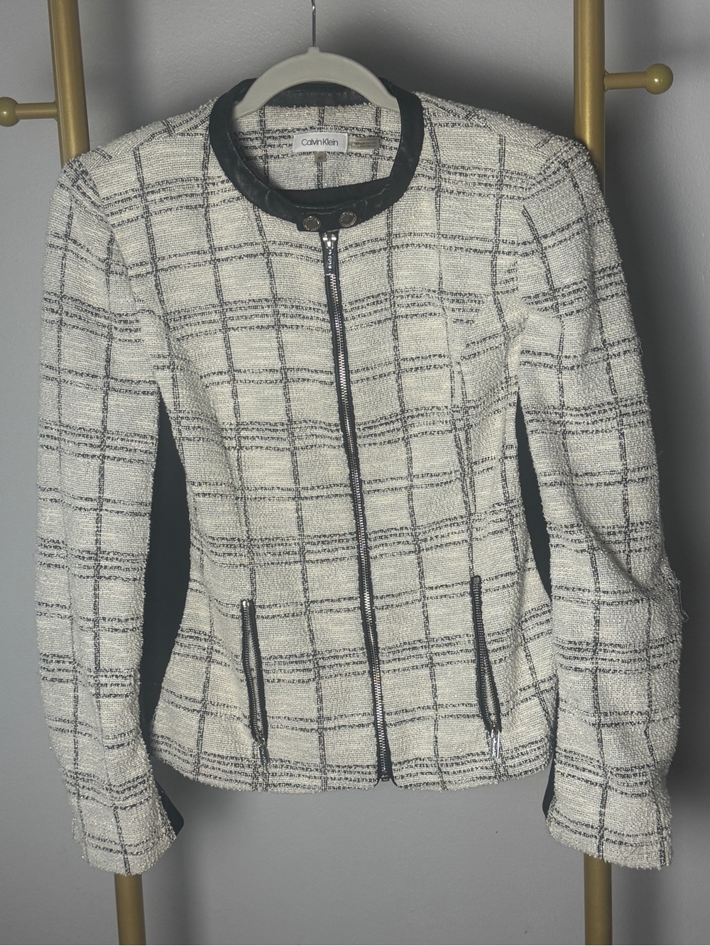 Calvin Klein Bouclé Tweed Zip Jacket Blazer Ivory Plaid Size 10